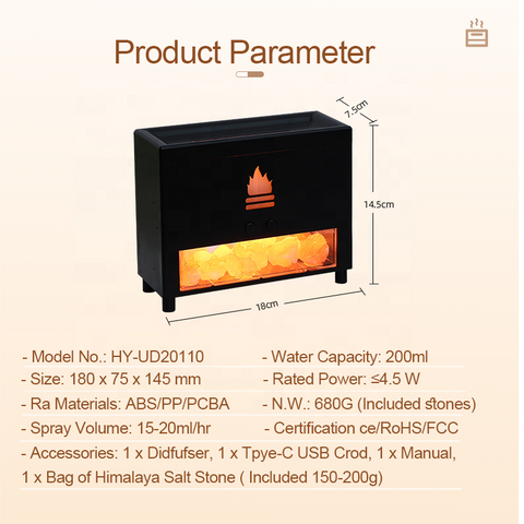 2023 New Design Flame Humidifier 3D Fire Flame Aroma Diffuser With Salt Stone Simulated Fireplace